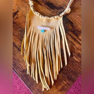 Long suede leather fringe necklace with quartz crystal & turquoise gemstone. 21”